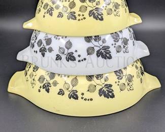 (4) VINTAGE! - PYREX MIXING BOWLS, YELLOW/WHITE GOOSEBERRY CIN...
