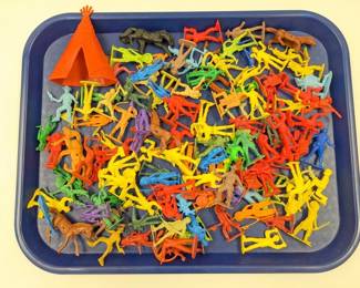 VINTAGE TOY FIGURINES COWBOY & INDIANS TEEPEE HORSES ARMY M...