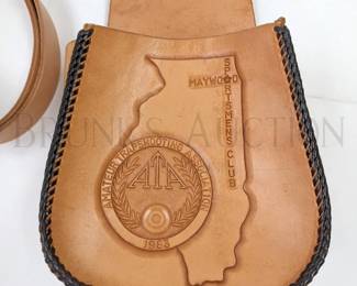 CUSTOM LEATHER TOOLED AMMO POUCH W/ BELT 1983 AMATEUR T...