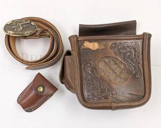 CUSTOM LEATHER TOOLED AMMO POUCH W/ BELT & MAGAZINE HOL...
