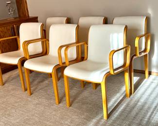 Set of Six Knoll International Bill Stephens Armchairs / Mid Century Knoll Bent Arm Chairs 

Yes! You read that correctly! Place your bid to for your opportunity to own six iconic Florence Knoll design arm chairs, all in very good condition. Laminate oak veneer paired with leather seating. 

Each measures 19.5" x 22.5" d x 32" h 

Circa 1967