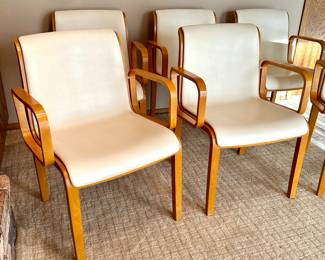 Set of Six Knoll International Bill Stephens Armchairs / Mid Century Knoll Bent Arm Chairs 

Yes! You read that correctly! Place your bid to for your opportunity to own six iconic Florence Knoll design arm chairs, all in very good condition. Laminate oak veneer paired with leather seating. 

Each measures 19.5" x 22.5" d x 32" h 

Circa 1967