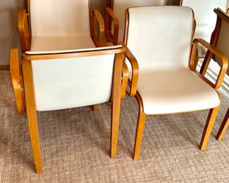 Set of Six Knoll International Bill Stephens Armchairs / Mid Century Knoll Bent Arm Chairs 

Yes! You read that correctly! Place your bid to for your opportunity to own six iconic Florence Knoll design arm chairs, all in very good condition. Laminate oak veneer paired with leather seating. 

Each measures 19.5" x 22.5" d x 32" h 

Circa 1967