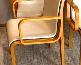 Set of Six Knoll International Bill Stephens Armchairs / Mid Century Knoll Bent Arm Chairs 

Yes! You read that correctly! Place your bid to for your opportunity to own six iconic Florence Knoll design arm chairs, all in very good condition. Laminate oak veneer paired with leather seating. 

Each measures 19.5" x 22.5" d x 32" h 

Circa 1967