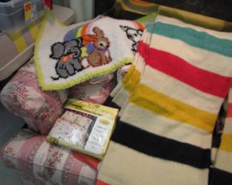 Vintage sheets, hand hooked rugs