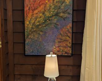 Heavy crystal table lamp, pair of Amy Dandy originals and blue/white topped Asian side table.