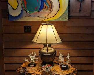 Wonderful burl wood side table, with pair of Frabel Studio sculptures, Waterford cut crystal dish with Murano glass "candy", vintage brass table lamp and a large, original oil on canvas, by Amy Dandy. 