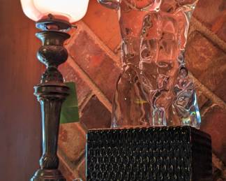 Dino Rosin (Italy) crystal sculpture, on stand, one of a pair of vintage brass table lamps, w/marble base, frosted rose glass shades.