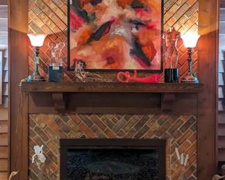One of Amy Dandy's original oils on canvas, two medium sized Hans Godo Frabel sculptures, signed nude female torso crystal sculpture, by Loredano Rosin, Tagliaperto crystal sculpture, "Lovers Reclining", pair of vintage brass/marble table lamps, with frosted rose glass shades and Chihuly-style twisted red glass tube. 