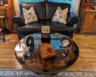 Natuzzi leather loveseat, Asian-inspired coffee table, sliced geodes, antique German Polyphon, pair of boron glass Frabel Studio sculptures and a rare, artist-signed carved madrone burl wood art sculpture, by Robyn Horn, #508 (Ft. Smith, AR) - it's expensive, look her up!