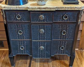 Close-up pic of the Theodore Alexander faux croc 3-drawer chest. 