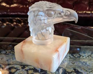 Close-up of the Czech frosted glass eagle hood ornament.