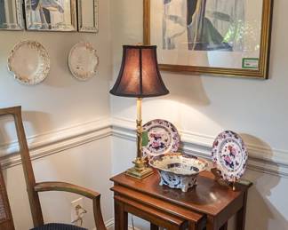 Vintage set/3 mahogany nesting tables, one of a pair of Baldwin brass table lamps, Italian glazed terra cotta Yorkie, pair of English Imari porcelain plates,  antique English Imari footed bowl and nicely framed/matted artist-signed contemporary watercolor, by Susan Hollensbe, AK.
