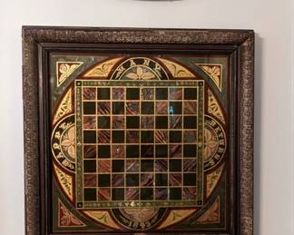 Framed antique chessboard and three pieces of John Woodcock & Sons "Chateau" English porcelain. 