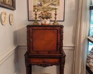 Antique French telephone cabinet, vintage glazed pottery crock, nicely framed/matted original Asian art.