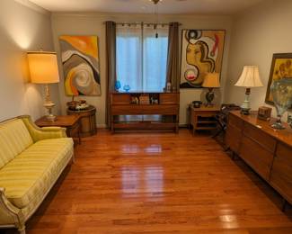 Aha! An MCM time capsule room, with bedroom suite by Dixie Furniture Co., Lexington, NC, French Provincial sofa, by Lexington Furniture Co., Lexington, MA, wooden end tables by Weiman and table lamps by Rembrandt and Stiffel, with original shades. 