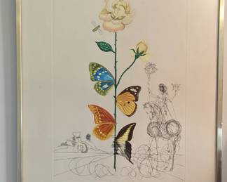 Signed/numbered 166/200 hand-colored lithograph of Salvador Dali's Hitecera Butterfly Rose.
