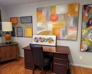 Office with two desks, Amy Dandy original oils on canvas, file cabinet and pair of Bergere chairs. 
