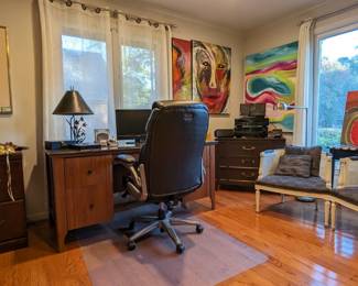 Here's the other desk, with an extremely comfortable "True Wellness" leather desk chair, more Amy Dandy art, mask collection and mahogany file cabinet. 