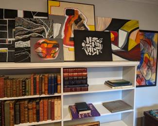 Bookshelf with a nice collection of antique and leather bound books and, guess what, more Amy Dandy originals!