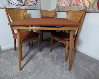 Wonderful vintage card table for ladies who lunch, for bridge or mahjong, by Stakmore, "The folding furniture with the permanent look", Owego, NY; set of four matching chairs.