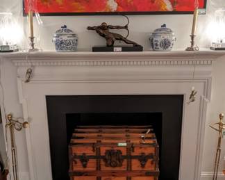 Gorgeous antique wooden trunk, pair of brass musicians, pair of vintage 8 1/2" tall blue/white porcelain ginger jars with foo dog finial lids, metal archer from Guadalajara and original Amy Dany oil on canvas, "Can't Believe It".