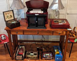 Anders Nicholson model F-900 nostalgic music system, Mr. Christmas electric music box, Kurt Adler electric chime box, a pair of enameled-top MCM-ish side tables and more die cast vintage cars, NIB.