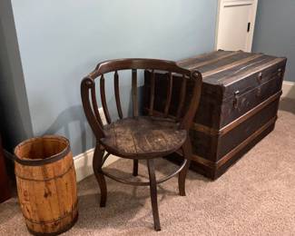 antique trunk, chair, Whiskey barrel