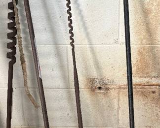 Antique hand drills and long lug wrench 