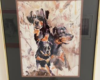 Large mid-century signed Ratalia watercolor style framed art in gold frame