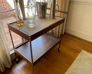 Paul McCobb Style Mid-Century Walnut and Brass Bar Cart 