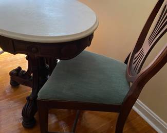 Marble top table with 2 shield back chairs with beautiful upholstery