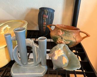 Roseville  vases, pots, and shell