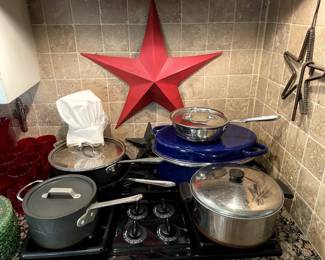 Lots of Williams Sonoma cookware and a full set of Paul Revere cook pots with lids