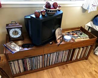 Vintage Danish modern record cabinet, unique with pull out extension.