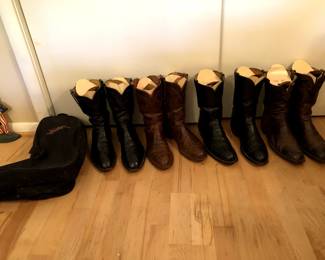 4 pairs of upscale Lucchese men's boots and Luchese boot bags