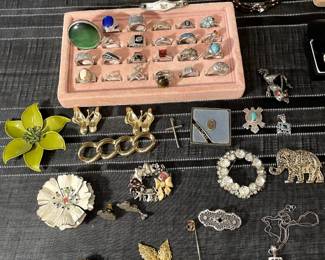 Kiss belt buckle, sterling and small sample of costume jewelry