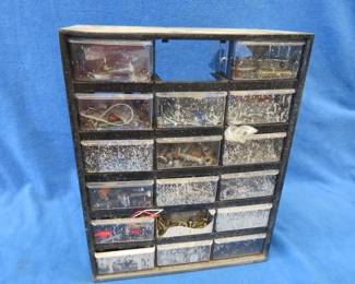 Lot 28. Plastic 18-drawer organizer with contents, missing one drawer, and another is broken