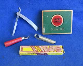 Lot 46. Lucky Strike Tin, Straight Razor, Knife, Sharpener, and More