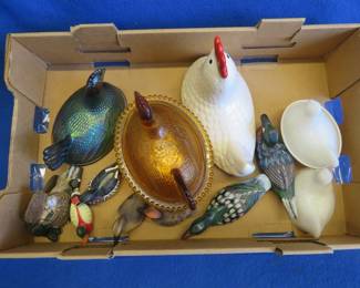 Lot 52. Glass and Wooden Birds, Lids and Accessories