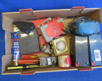 Lot 55. 12V Batteries, Screwdrivers, Drill Bits, Sander, and More