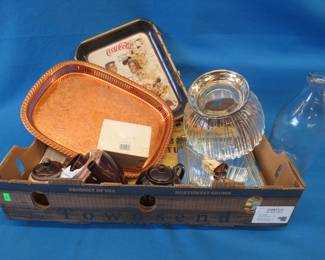 Lot 81. Copper tray,&nbsp; repo Coke tray,&nbsp; Duck Stamp cup, and more