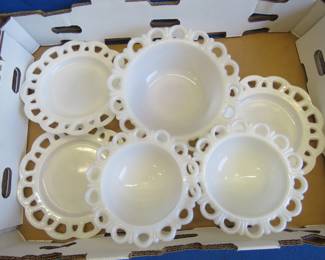 Lot 82. Milk Glass Plates, Serving Dishes, and Bowl