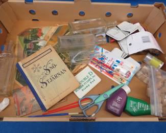 Lot 100. Crafting supplies, old bottles, and more