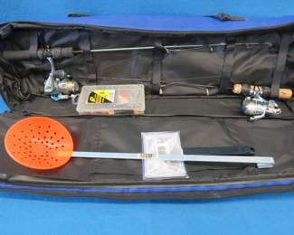 Lot 125. Glacier Bay rod locker.&nbsp; Includes two ice fishing rods and reels, jigging spoons, and more