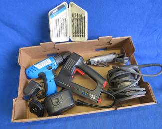 Lot 145. Craftsman Orbital Sander, Craftsman Electric Stapler, Central Pneumatic 3" Cutting Wheel, Drill Master Cordless Drill, and Drill Bits