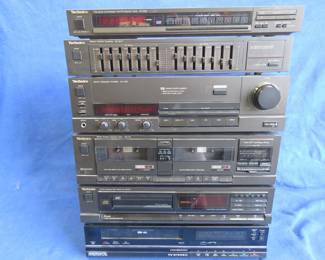 Lot 225. Technics SU-V98 Amplifier, ST-S98 Tuner, SH-8017 Equalizer, RS-T19 Cassette Deck, SL-P405C CD Player, and Magnavox Stereo VCR