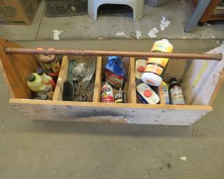 Lot 229. Large wooden tool caddy with contents