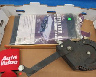 Lot 304. Hand-operated winch, Cabela's Cot-Side Nightstand, and more