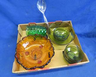 Lot 320. Vintage Amber Glass Fruit Bowl, Green Glass Salad Set, and More